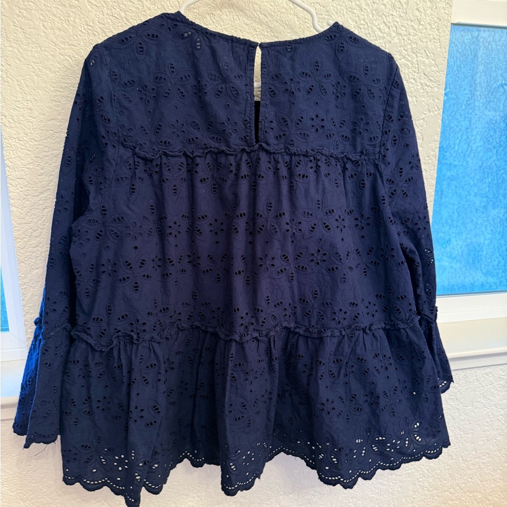 Navy Blue 100% Cotton Eyelet Blouse by Crown & Ivory-Boho Flutter Sleeve XXL - Picture 12 of 17